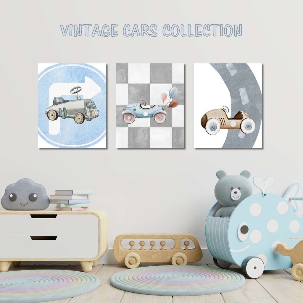 Vintage Cars Nursery Art - Set of 3